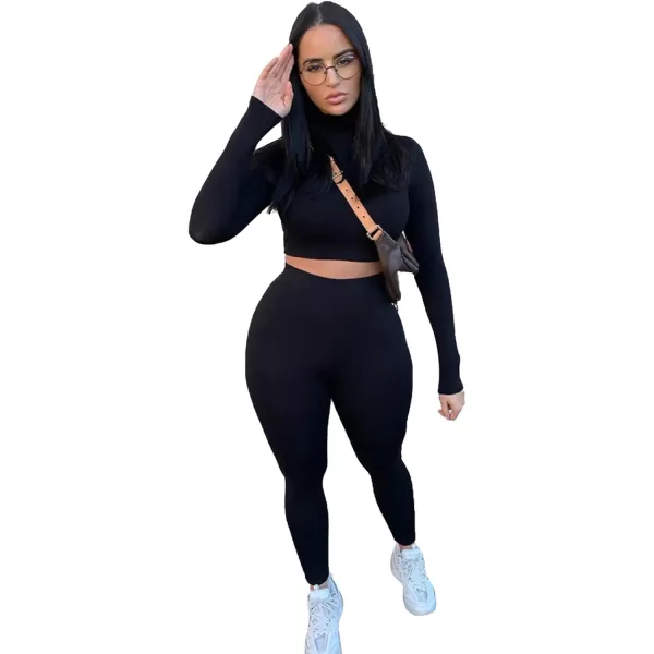 IyMoo Women 2 Piece Outfits Sweatsuit Set  Long Sleeve Ribbed Crop Top  Skinny Long Pants Tracksuit Jogger SetBodycon Black
