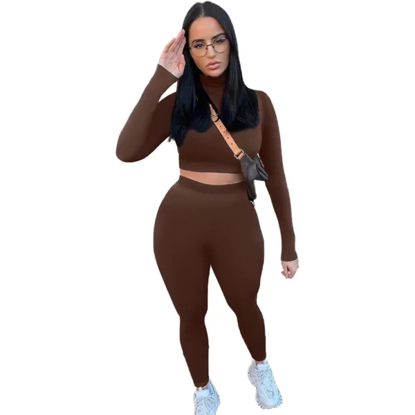 IyMoo Women 2 Piece Outfits Sweatsuit Set  Long Sleeve Ribbed Crop Top  Skinny Long Pants Tracksuit Jogger SetBodycon Coffee