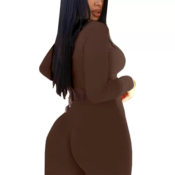 IyMoo Women 2 Piece Outfits Sweatsuit Set  Long Sleeve Ribbed Crop Top  Skinny Long Pants Tracksuit Jogger SetBodycon Coffee