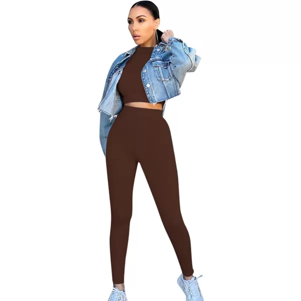 IyMoo Women 2 Piece Outfits Sweatsuit Set  Long Sleeve Ribbed Crop Top  Skinny Long Pants Tracksuit Jogger SetBodycon Coffee