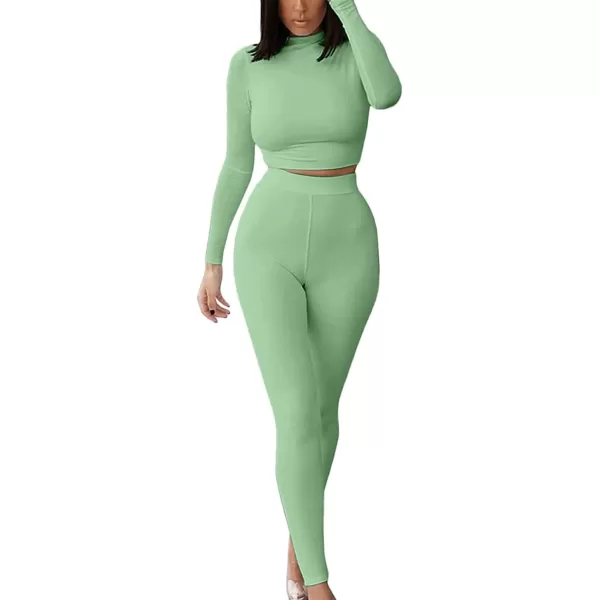 IyMoo Women 2 Piece Outfits Sweatsuit Set  Long Sleeve Ribbed Crop Top  Skinny Long Pants Tracksuit Jogger SetBodycon Green