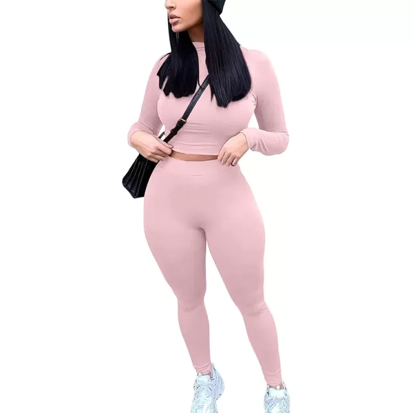 IyMoo Women 2 Piece Outfits Sweatsuit Set  Long Sleeve Ribbed Crop Top  Skinny Long Pants Tracksuit Jogger SetBodycon Pink