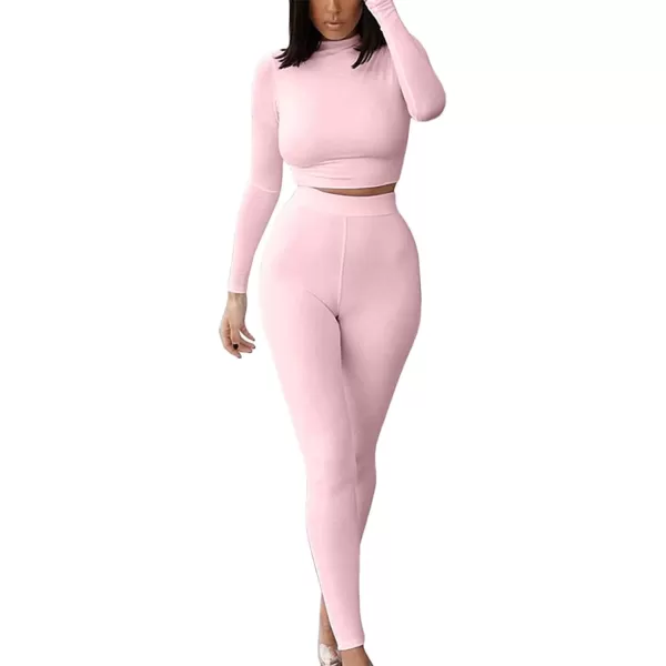 IyMoo Women 2 Piece Outfits Sweatsuit Set  Long Sleeve Ribbed Crop Top  Skinny Long Pants Tracksuit Jogger SetBodycon Pink