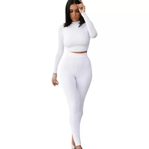 IyMoo Women 2 Piece Outfits Sweatsuit Set  Long Sleeve Ribbed Crop Top  Skinny Long Pants Tracksuit Jogger SetBodycon White