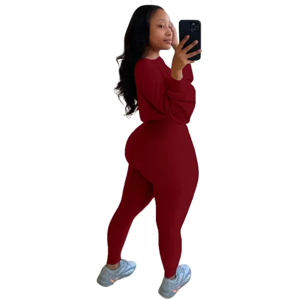 IyMoo Women 2 Piece Outfits Sweatsuit Set  Long Sleeve Ribbed Crop Top  Skinny Long Pants Tracksuit Jogger SetBurgundy Letter