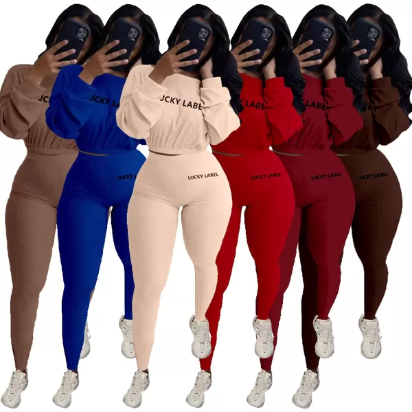 IyMoo Women 2 Piece Outfits Sweatsuit Set  Long Sleeve Ribbed Crop Top  Skinny Long Pants Tracksuit Jogger SetBurgundy Letter