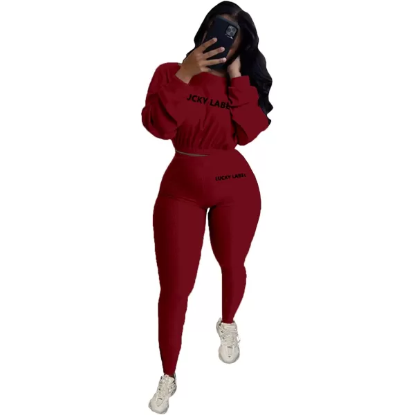 IyMoo Women 2 Piece Outfits Sweatsuit Set  Long Sleeve Ribbed Crop Top  Skinny Long Pants Tracksuit Jogger SetBurgundy Letter