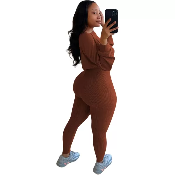 IyMoo Women 2 Piece Outfits Sweatsuit Set  Long Sleeve Ribbed Crop Top  Skinny Long Pants Tracksuit Jogger SetCoffee