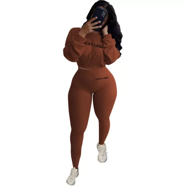 IyMoo Women 2 Piece Outfits Sweatsuit Set  Long Sleeve Ribbed Crop Top  Skinny Long Pants Tracksuit Jogger SetCoffee Letter