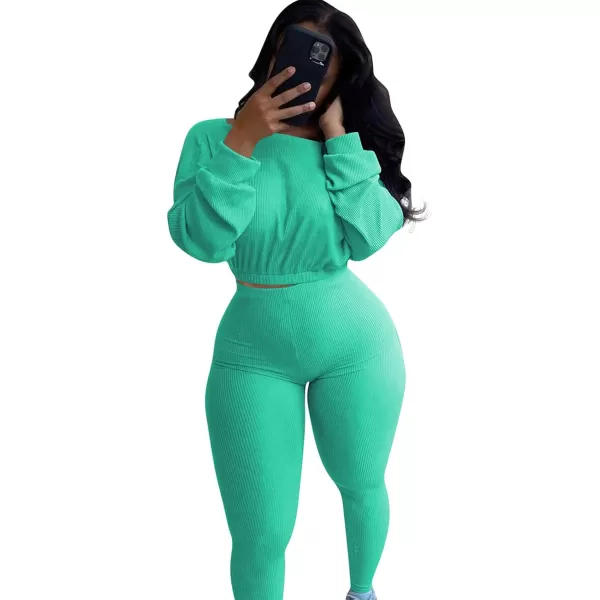 IyMoo Women 2 Piece Outfits Sweatsuit Set  Long Sleeve Ribbed Crop Top  Skinny Long Pants Tracksuit Jogger SetCyan