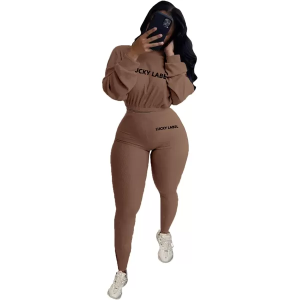 IyMoo Women 2 Piece Outfits Sweatsuit Set  Long Sleeve Ribbed Crop Top  Skinny Long Pants Tracksuit Jogger SetDark Khaki Letter