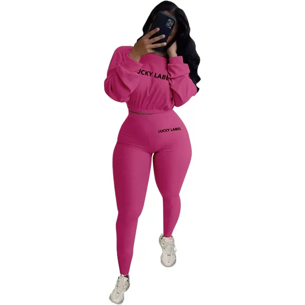 IyMoo Women 2 Piece Outfits Sweatsuit Set  Long Sleeve Ribbed Crop Top  Skinny Long Pants Tracksuit Jogger SetFuchsia Letter