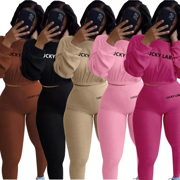 IyMoo Women 2 Piece Outfits Sweatsuit Set  Long Sleeve Ribbed Crop Top  Skinny Long Pants Tracksuit Jogger SetFuchsia Letter