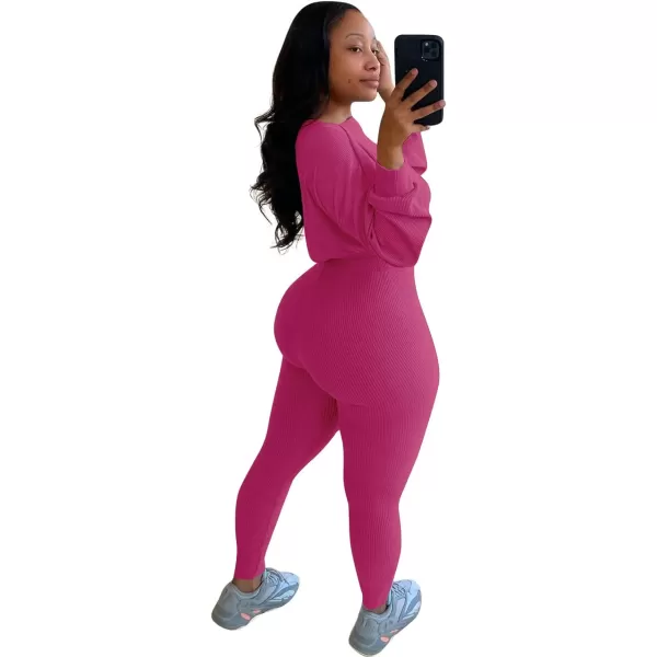 IyMoo Women 2 Piece Outfits Sweatsuit Set  Long Sleeve Ribbed Crop Top  Skinny Long Pants Tracksuit Jogger SetFuchsia Letter