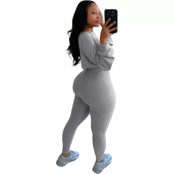 IyMoo Women 2 Piece Outfits Sweatsuit Set  Long Sleeve Ribbed Crop Top  Skinny Long Pants Tracksuit Jogger SetGray Letter