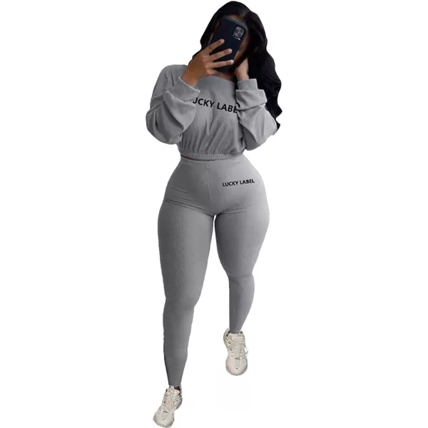 IyMoo Women 2 Piece Outfits Sweatsuit Set  Long Sleeve Ribbed Crop Top  Skinny Long Pants Tracksuit Jogger SetGray Letter