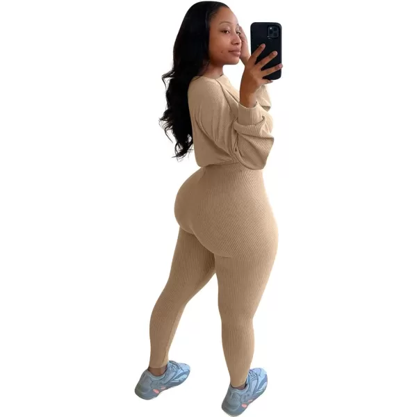 IyMoo Women 2 Piece Outfits Sweatsuit Set  Long Sleeve Ribbed Crop Top  Skinny Long Pants Tracksuit Jogger SetKhaki Letter