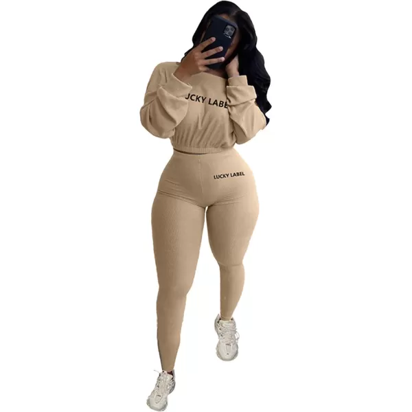 IyMoo Women 2 Piece Outfits Sweatsuit Set  Long Sleeve Ribbed Crop Top  Skinny Long Pants Tracksuit Jogger SetKhaki Letter