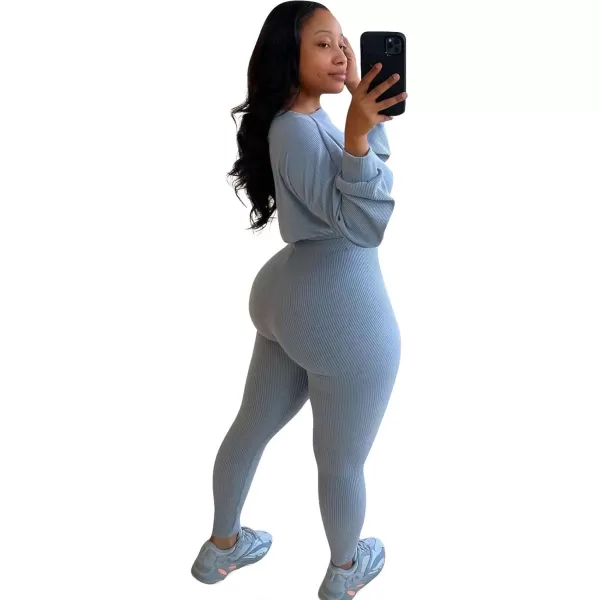 IyMoo Women 2 Piece Outfits Sweatsuit Set  Long Sleeve Ribbed Crop Top  Skinny Long Pants Tracksuit Jogger SetLight Blue