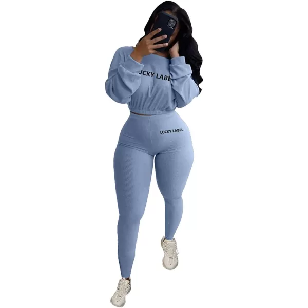 IyMoo Women 2 Piece Outfits Sweatsuit Set  Long Sleeve Ribbed Crop Top  Skinny Long Pants Tracksuit Jogger SetLight Blue Letter