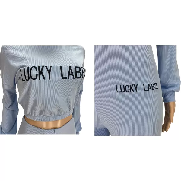IyMoo Women 2 Piece Outfits Sweatsuit Set  Long Sleeve Ribbed Crop Top  Skinny Long Pants Tracksuit Jogger SetLight Blue Letter