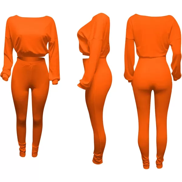 IyMoo Women 2 Piece Outfits Sweatsuit Set  Long Sleeve Ribbed Crop Top  Skinny Long Pants Tracksuit Jogger SetOrange