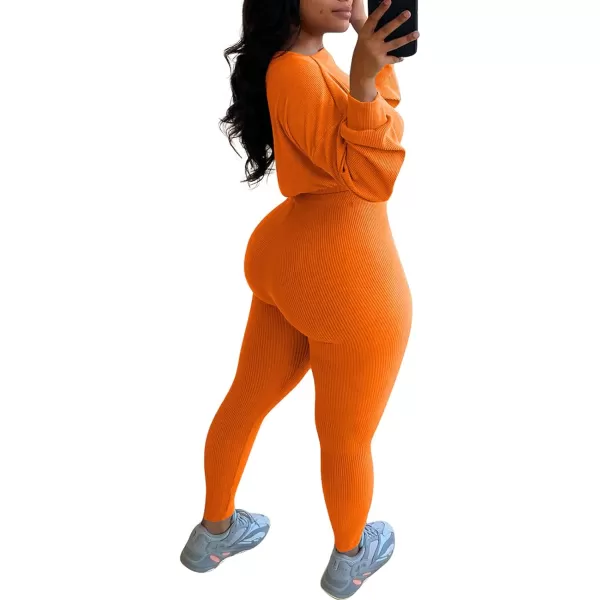 IyMoo Women 2 Piece Outfits Sweatsuit Set  Long Sleeve Ribbed Crop Top  Skinny Long Pants Tracksuit Jogger SetOrange
