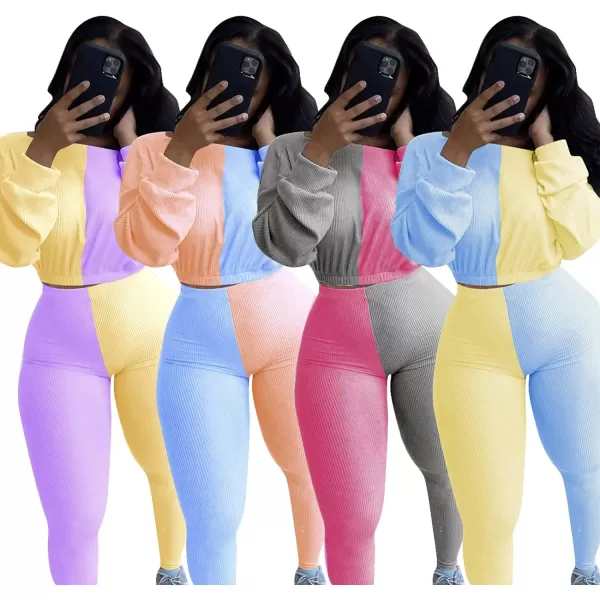 IyMoo Women 2 Piece Outfits Sweatsuit Set  Long Sleeve Ribbed Crop Top  Skinny Long Pants Tracksuit Jogger SetOrange Blue