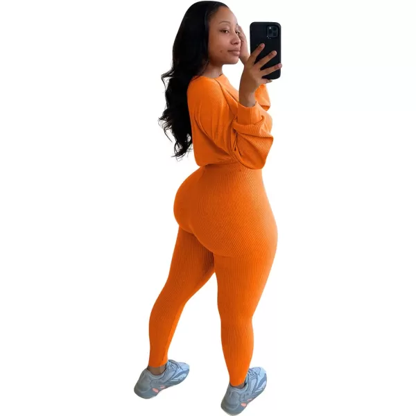 IyMoo Women 2 Piece Outfits Sweatsuit Set  Long Sleeve Ribbed Crop Top  Skinny Long Pants Tracksuit Jogger SetOrange Letter
