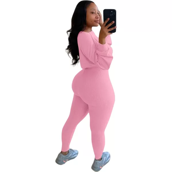 IyMoo Women 2 Piece Outfits Sweatsuit Set  Long Sleeve Ribbed Crop Top  Skinny Long Pants Tracksuit Jogger SetPink Letter
