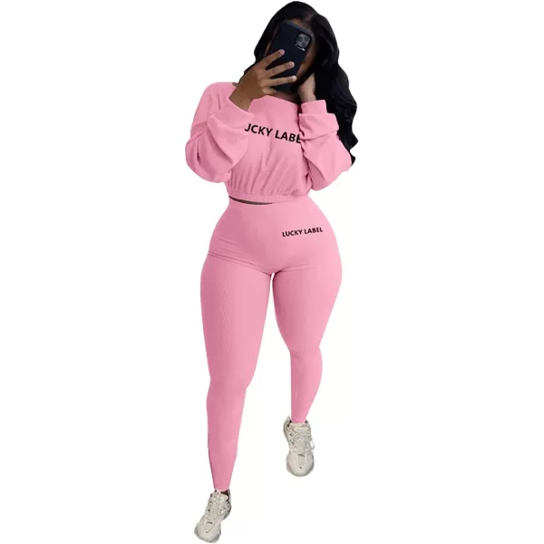 IyMoo Women 2 Piece Outfits Sweatsuit Set  Long Sleeve Ribbed Crop Top  Skinny Long Pants Tracksuit Jogger SetPink Letter