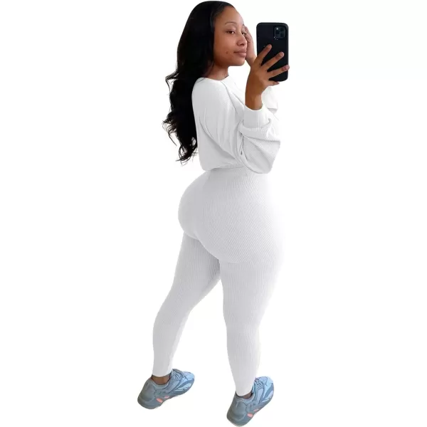 IyMoo Women 2 Piece Outfits Sweatsuit Set  Long Sleeve Ribbed Crop Top  Skinny Long Pants Tracksuit Jogger SetWhite