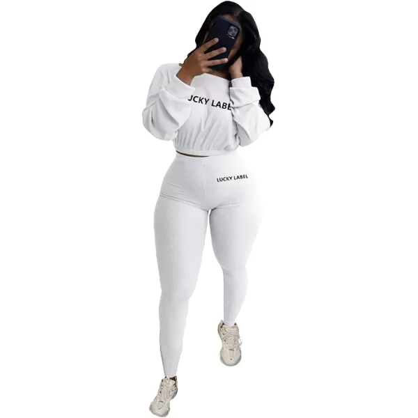 IyMoo Women 2 Piece Outfits Sweatsuit Set  Long Sleeve Ribbed Crop Top  Skinny Long Pants Tracksuit Jogger SetWhite Letter