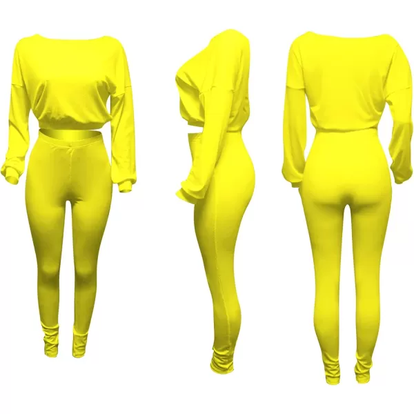 IyMoo Women 2 Piece Outfits Sweatsuit Set  Long Sleeve Ribbed Crop Top  Skinny Long Pants Tracksuit Jogger SetYellow