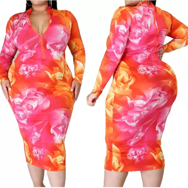 IyMoo Women Dress  V NeckMock Neck Reversible Belted Zip Bodycon Dress ClubFloral Red