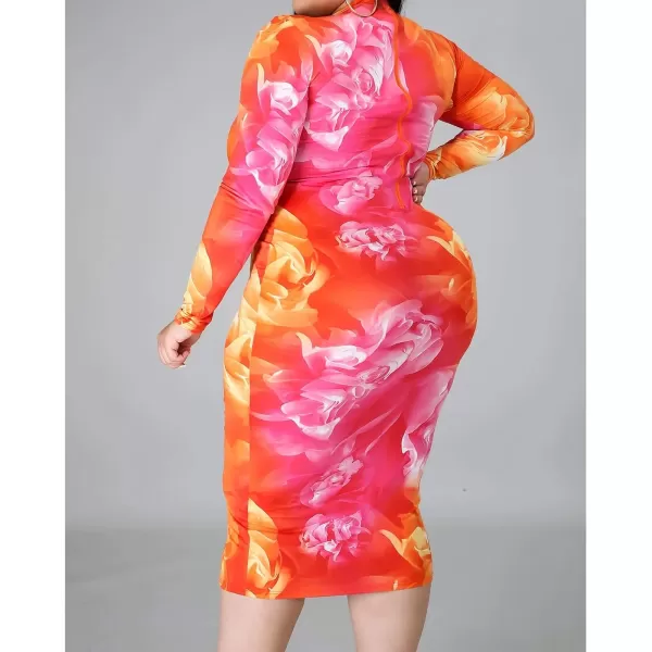 IyMoo Women Dress  V NeckMock Neck Reversible Belted Zip Bodycon Dress ClubFloral Red
