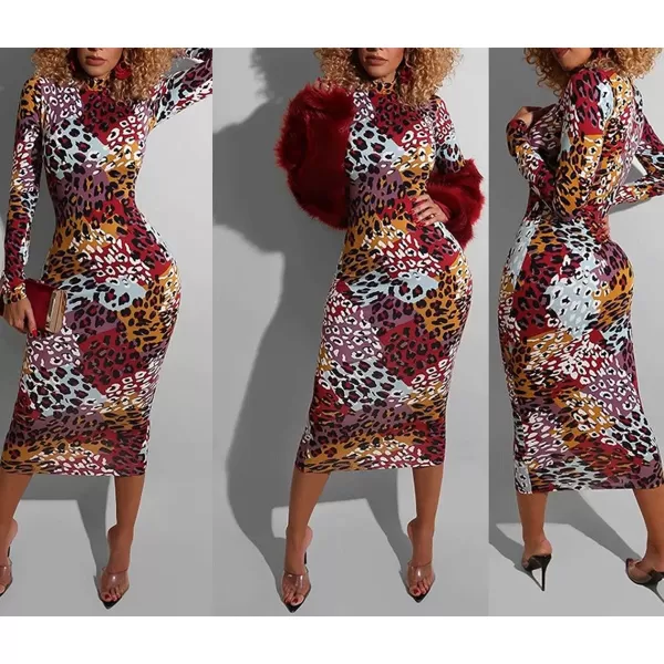 IyMoo Women Dress  V NeckMock Neck Reversible Belted Zip Bodycon Dress ClubMulti Leopard