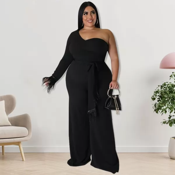 IyMoo Women One Shoulder Plus Size Jumpsuit Sexy Long Sleeve Fringed Irregular Wide Leg Pants RompersBlack