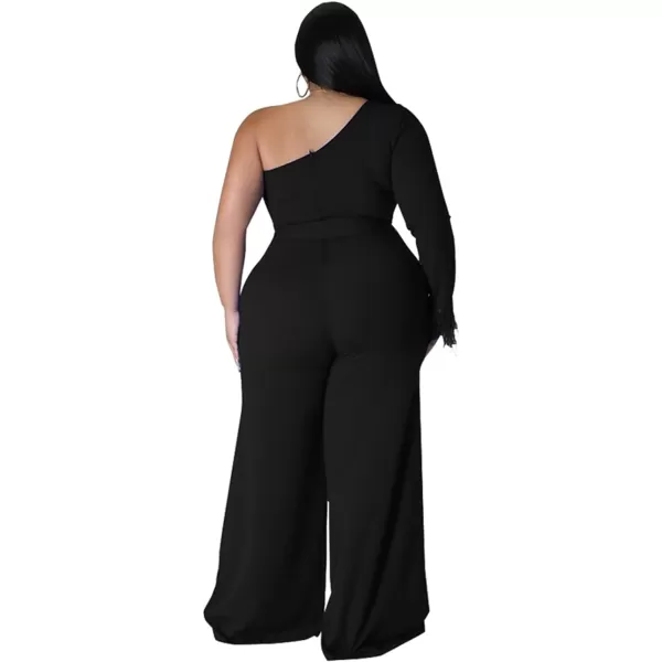 IyMoo Women One Shoulder Plus Size Jumpsuit Sexy Long Sleeve Fringed Irregular Wide Leg Pants RompersBlack