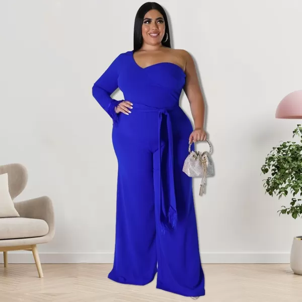 IyMoo Women One Shoulder Plus Size Jumpsuit Sexy Long Sleeve Fringed Irregular Wide Leg Pants RompersBlue