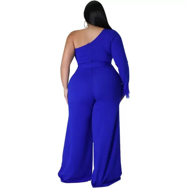 IyMoo Women One Shoulder Plus Size Jumpsuit Sexy Long Sleeve Fringed Irregular Wide Leg Pants RompersBlue
