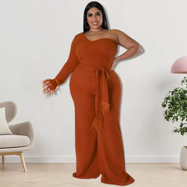IyMoo Women One Shoulder Plus Size Jumpsuit Sexy Long Sleeve Fringed Irregular Wide Leg Pants RompersLight Brown