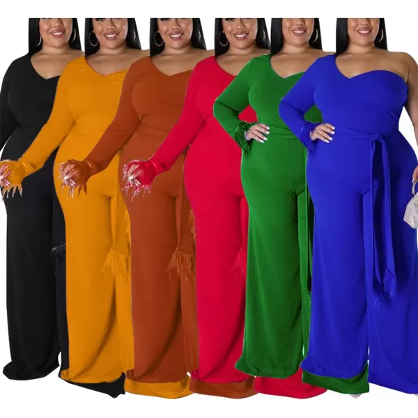 IyMoo Women One Shoulder Plus Size Jumpsuit Sexy Long Sleeve Fringed Irregular Wide Leg Pants RompersLight Brown