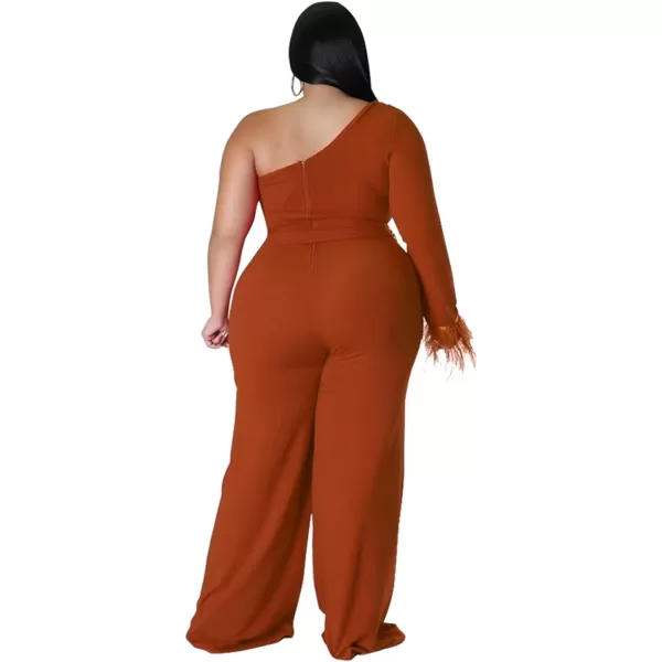 IyMoo Women One Shoulder Plus Size Jumpsuit Sexy Long Sleeve Fringed Irregular Wide Leg Pants RompersLight Brown