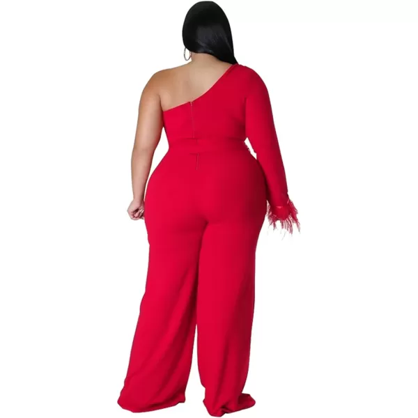 IyMoo Women One Shoulder Plus Size Jumpsuit Sexy Long Sleeve Fringed Irregular Wide Leg Pants RompersRed
