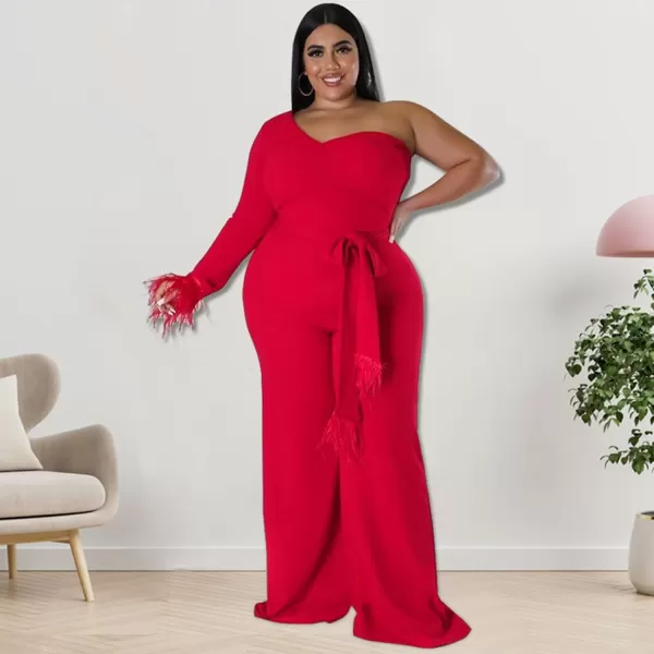 IyMoo Women One Shoulder Plus Size Jumpsuit Sexy Long Sleeve Fringed Irregular Wide Leg Pants RompersRed