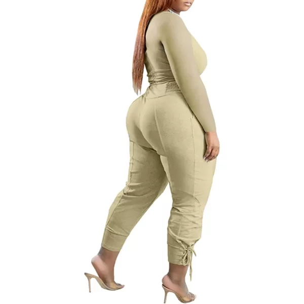 IyMoo Women Plus Size 2 Piece Sweatsuit Outfits Long Sleeve V Neck Crop Top  High Waisted Leggings Jogger SetApricot