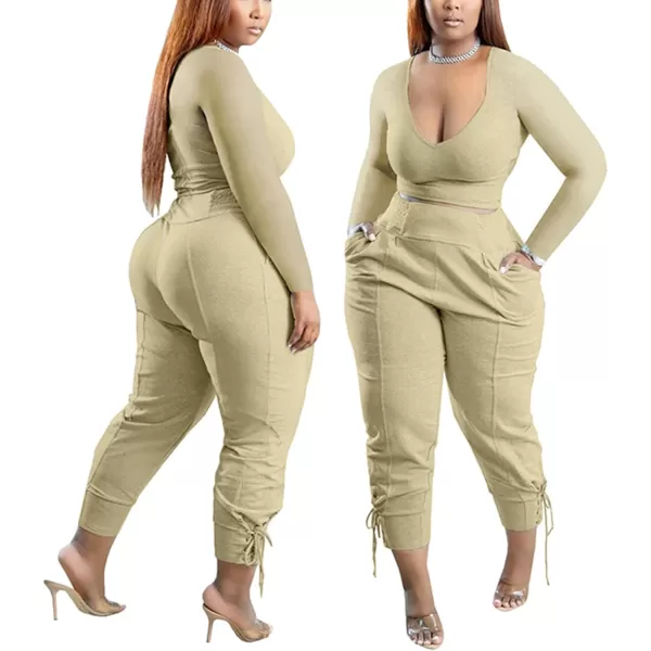 IyMoo Women Plus Size 2 Piece Sweatsuit Outfits Long Sleeve V Neck Crop Top  High Waisted Leggings Jogger SetApricot