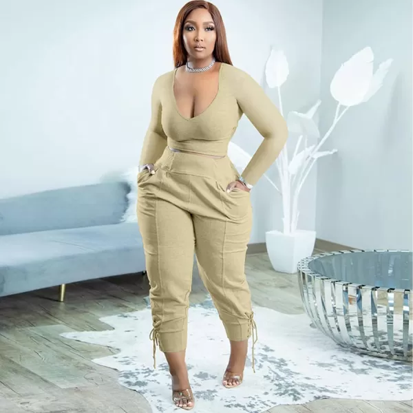 IyMoo Women Plus Size 2 Piece Sweatsuit Outfits Long Sleeve V Neck Crop Top  High Waisted Leggings Jogger SetApricot