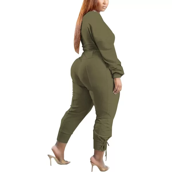 IyMoo Women Plus Size 2 Piece Sweatsuit Outfits Long Sleeve V Neck Crop Top  High Waisted Leggings Jogger SetArmy Green